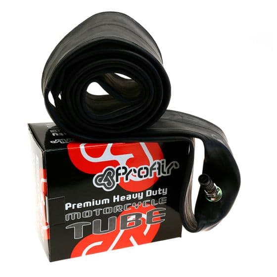 Black extra heavy-duty inner tube rolled up, labeled "Pro Air" with specifications 400/450-19 TR6 (120/90-19), resting on a black box with bold red and white text.