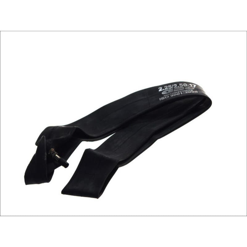 Black rubber inner tube for 17-inch tires, marked with size 2.25/2.50-17, featuring a straight valve for easy inflation and installation.