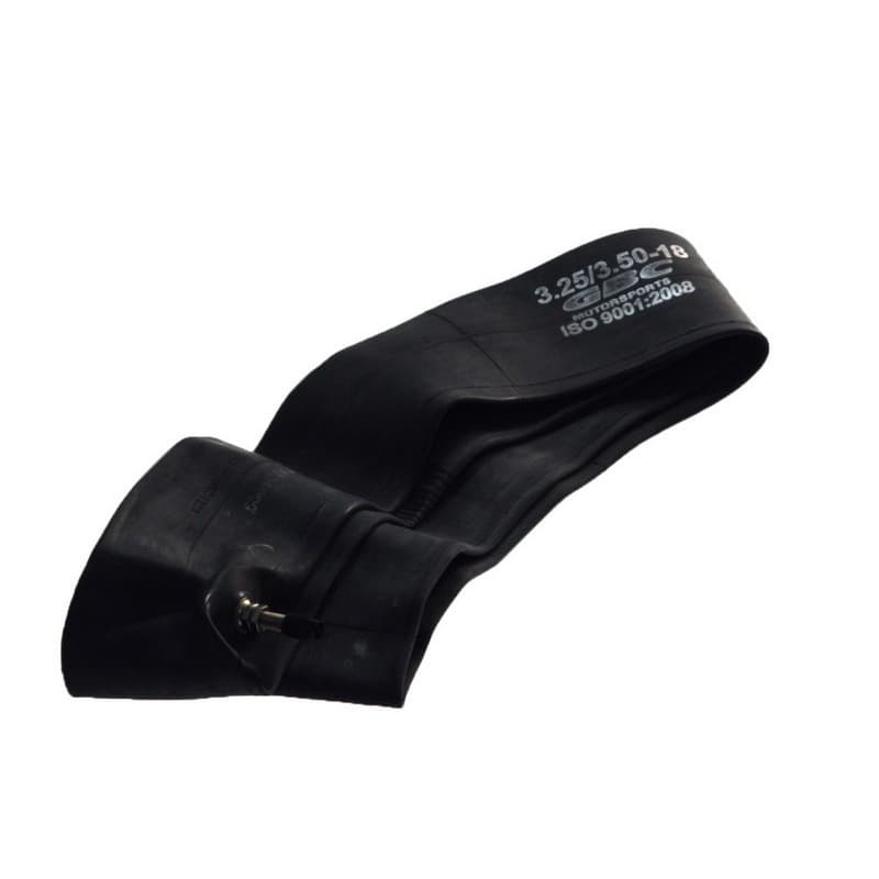 Black heavy-duty butyl inner tube labeled "3.25/3.50-18" with a metal valve stem, designed for durability and performance in various tire applications.