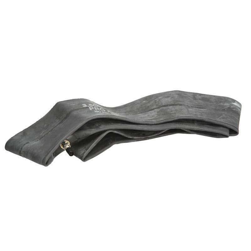Heavy-duty butyl inner tube in black rubber, designed for 350/400-17 tires, featuring a valve stem for inflation and a flexible, durable structure.