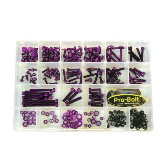 200-piece assorted alloy fastener set in a clear plastic box, featuring purple bolts, nuts, and washers, organized in compartments with a Pro-Bolt label.