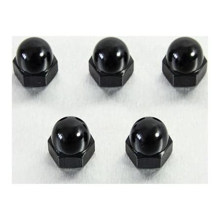 Five black alloy dome nuts, M10 x 1.25mm, featuring a smooth, rounded top and hexagonal base, designed for secure fastening.