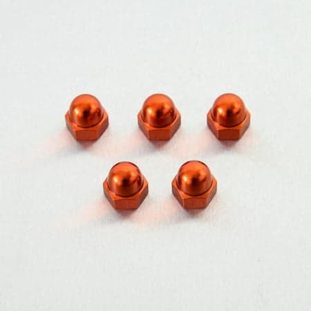 Five orange alloy dome nuts, M10 x 1.25mm, featuring a shiny finish and hexagonal base, arranged on a light background.