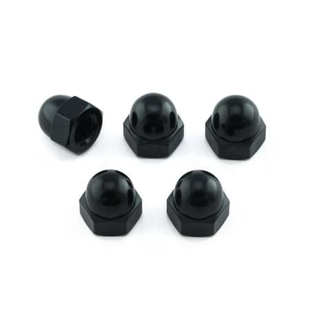 Five black alloy dome nuts, M10 X 1.50mm, featuring a smooth, rounded top and hexagonal base, designed for secure fastening in various applications.