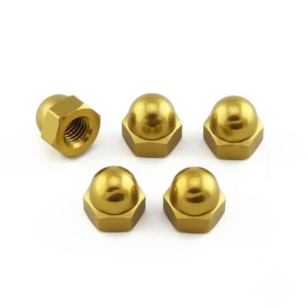Five gold alloy dome nuts with a hexagonal shape and a shiny finish, each featuring an M10 x 1.50mm thread size, arranged closely together.