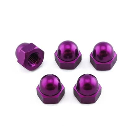 Five purple alloy dome nuts, M10 x 1.50mm, featuring a shiny finish and hexagonal shape, with one nut showing the internal threading.