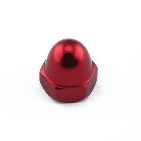 Red alloy dome nut with a shiny finish, featuring a hexagonal base, designed for M10 x 1.50mm applications, sold in a pack of five.