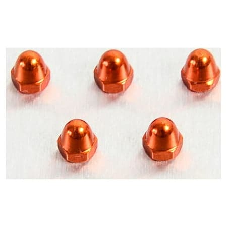 Five shiny orange alloy dome nuts, M4 x 0.70mm, featuring a smooth, rounded top and hexagonal base, arranged in a neat row on a light background.