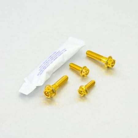 Gold aluminum brake and clutch lever perch pinch flanged hex bolt kit by Pro-Bolt, featuring four gold bolts and a small packet of thread locker.