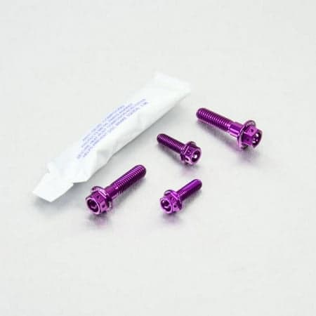 Purple aluminium brake and clutch lever perch pinch flanged hex bolt kit by Pro-Bolt, featuring four bolts and a small packet of adhesive.