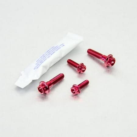 Red aluminium brake and clutch lever perch pinch flanged hex bolt kit by Pro-Bolt, featuring four bolts and a small packet of adhesive.