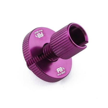 Purple aluminium cable adjuster with a textured grip and a central slot for easy adjustment, featuring the Pro-Bolt logo prominently displayed.