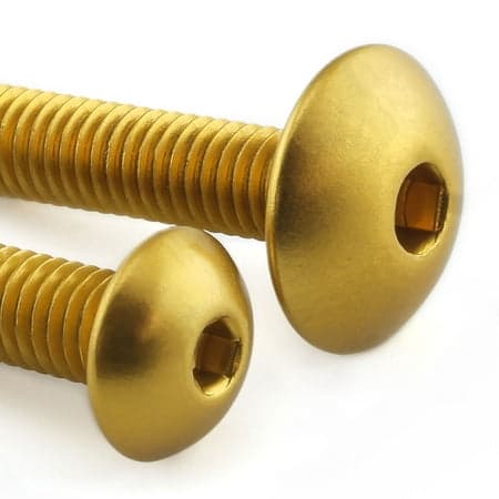Gold aluminum chain guard and hugger bolt kit featuring two bolts with a smooth, rounded head and deep socket for secure fitting, showcasing a vibrant gold finish.