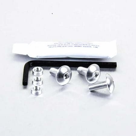 Pro-Bolt Aluminium Chain Guard Bolt Kit in silver includes four silver bolts, nuts, an Allen key, and a small tube of thread lock, all arranged on a white background.