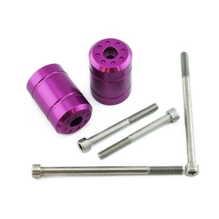 Purple anodized aluminum motorcycle bar ends with a sleek design, featuring multiple holes for customization, accompanied by silver bolts for installation.
