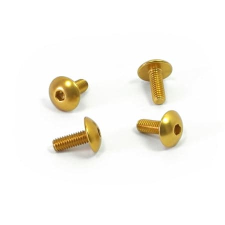 Gold aluminium number plate mounting bolts with a rounded head and hex socket, designed for durability and style, featuring a shiny finish.