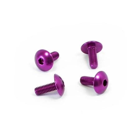 Purple anodized aluminum number plate mounting bolts with a hex socket head, featuring a smooth finish and rounded tops, designed for durability and style.