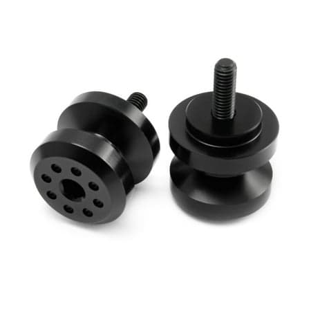 Black aluminium paddock stand bobbins with a 6mm thread, featuring a smooth finish and multiple holes for secure attachment, designed for motorcycle maintenance.