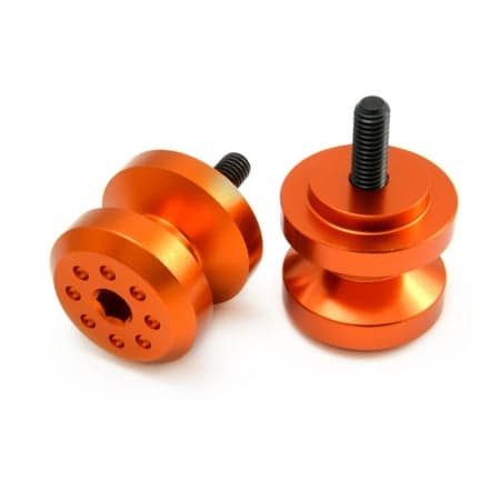 Pro-Bolt aluminium paddock stand bobbins in vibrant orange, featuring a sleek, machined design with a 6mm threaded bolt for easy installation.