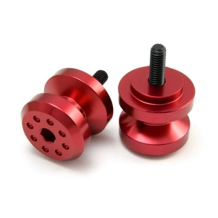 Pro-Bolt red aluminium paddock stand bobbins featuring a sleek design with a 6mm threaded bolt and multiple holes for secure attachment.
