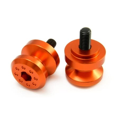 Pro-Bolt Aluminium Paddock Stand Bobbins in vibrant orange, featuring a sleek design with an 8mm threaded bolt and multiple holes for secure attachment.