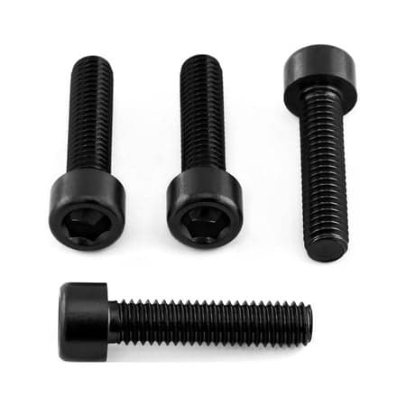 Black aluminium screen and mirror mounting bolts with hexagonal heads, featuring varying lengths and a sleek, matte finish for a durable, stylish look.
