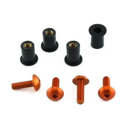 Pro-Bolt Aluminium Screen Bolt Kits in orange, featuring four bolts with rounded heads, black rubber washers, and threaded inserts for secure installation.