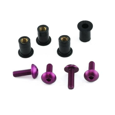 Four purple aluminium screen bolts with black spacers, featuring a sleek design and threaded ends, arranged neatly in a pack.