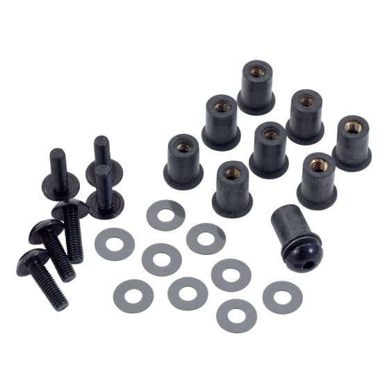 Pro-Bolt Aluminium Screen Bolt Kits in red, featuring four bolts, washers, and rubber grommets, designed for secure screen attachment with a sleek finish.
