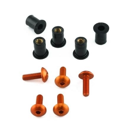 Pro-Bolt Aluminium Screen Bolt Kits in orange, featuring five bolts and black spacers, designed for durability and a stylish finish.