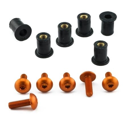 Pro-Bolt Aluminium Screen Bolt Kits in vibrant orange, featuring six orange bolts and black rubber spacers, designed for durable fastening.