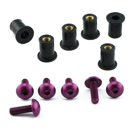Pro-Bolt Aluminium Screen Bolt Kits in purple, featuring six purple bolts and matching black spacers, designed for durability and style in motorcycle applications.