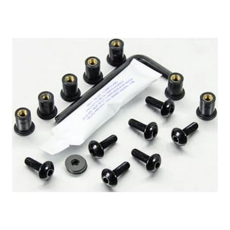 Pro-Bolt Aluminium Screen Bolt Kits in black, featuring seven black bolts with gold inserts, an Allen key, and a small packet of adhesive.