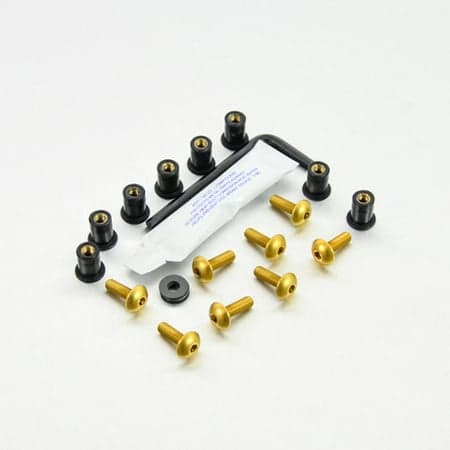 Pro-Bolt Aluminium Screen Bolt Kits in gold, featuring 8 gold bolts, black spacers, an Allen key, and a small packet, all arranged on a white background.