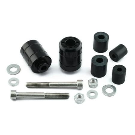 Pro-Bolt Aluminium Universal Bar Ends in black, featuring a pair of cylindrical ends, rubber spacers, stainless steel bolts, and nuts for secure installation.