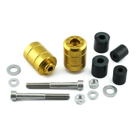 Gold aluminum universal bar ends with a sleek design, featuring two cylindrical ends, rubber inserts, and assorted metal hardware including bolts and washers.