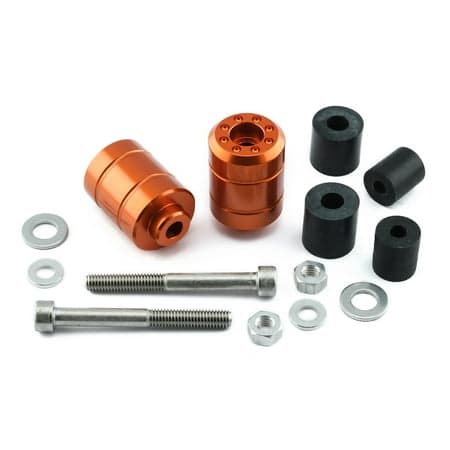 Pro-Bolt Aluminium Universal Bar Ends in vibrant orange, featuring a sleek cylindrical design, accompanied by black rubber inserts, bolts, washers, and nuts for installation.