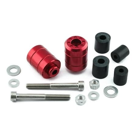 Red anodized aluminum bar ends with a sleek design, accompanied by black rubber inserts, metal washers, and bolts for secure installation.