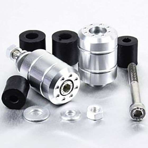 Pro-Bolt Aluminium Universal Bar Ends in silver, featuring a sleek design with a polished finish, accompanied by black rubber inserts and metal hardware for installation.