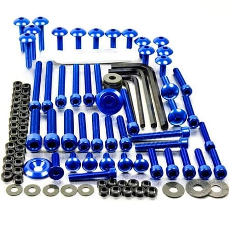 Assorted 50-piece Pro-Bolt alloy workshop tubs featuring blue mixed head bolts, black nuts, washers, and hex keys, all displayed in an organized layout.