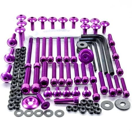 Assorted 50-piece workshop tub containing purple alloy bolts, screws, washers, and hex keys, showcasing a mix of head styles and materials.