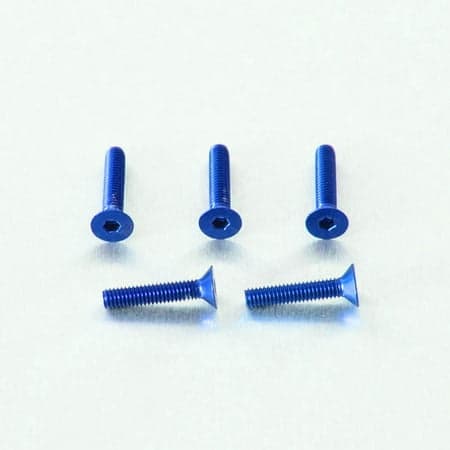 Five blue countersunk alloy bolts, measuring M4 x 0.70mm x 17.0mm, featuring a hexagonal socket head and a smooth finish, arranged in a row on a light background.