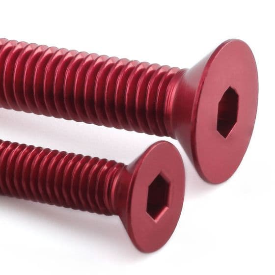 Red countersunk alloy bolts from Pro-Bolt, M4 size, featuring a hexagonal socket head, with a smooth finish and precise threading, sold in a pack of five.