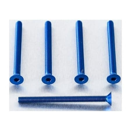 Five blue countersunk alloy bolts, M4 x 0.70mm x 42.0mm, featuring a hexagonal socket head and a smooth finish, arranged on a silver surface.