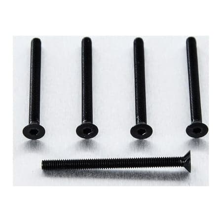 Five black countersunk alloy bolts, M4 size, measuring 47.0mm in length, featuring a hexagonal socket head and fine thread, arranged neatly on a light background.