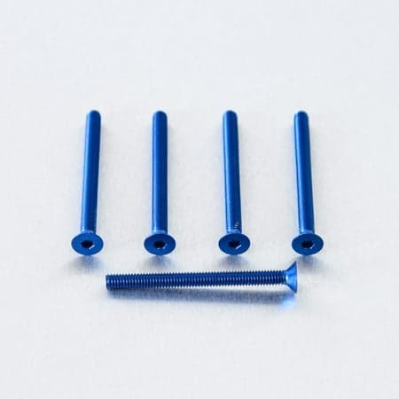 Five blue countersunk alloy bolts, each measuring M4 x 0.70mm x 47.0mm, showcasing a smooth finish and hex socket head design.