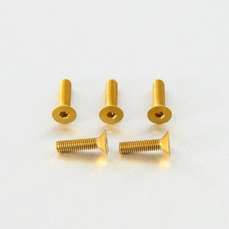 Five gold countersunk alloy bolts, each measuring M5 x 0.80mm x 16.0mm, featuring a hexagonal socket and smooth finish, arranged on a white background.