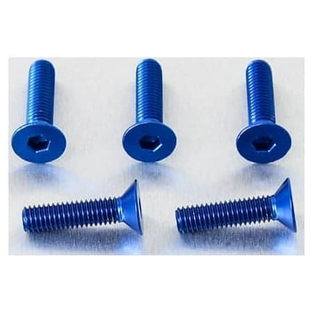 Five blue countersunk alloy bolts, M6 x 1.00mm x 20.0mm, featuring a hexagonal head and smooth finish, arranged on a metallic surface.