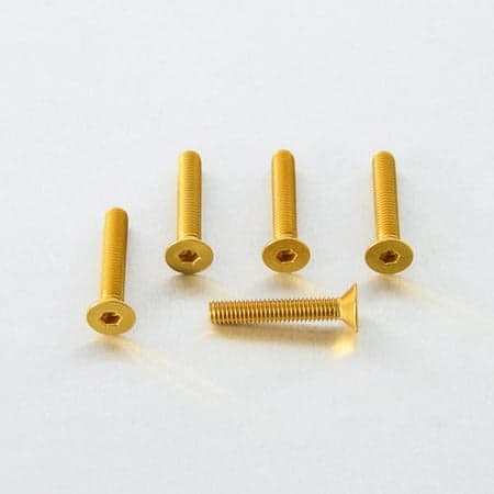 Five gold countersunk alloy bolts, each measuring M6 x 1.00mm x 30.0mm, featuring a hexagonal socket for easy installation, arranged on a light background.