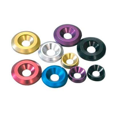Countersunk alloy washers in various colors including red, blue, gold, purple, and silver, showcasing a smooth finish and a central hole, packaged as a set of five, M6 x 19mm size.